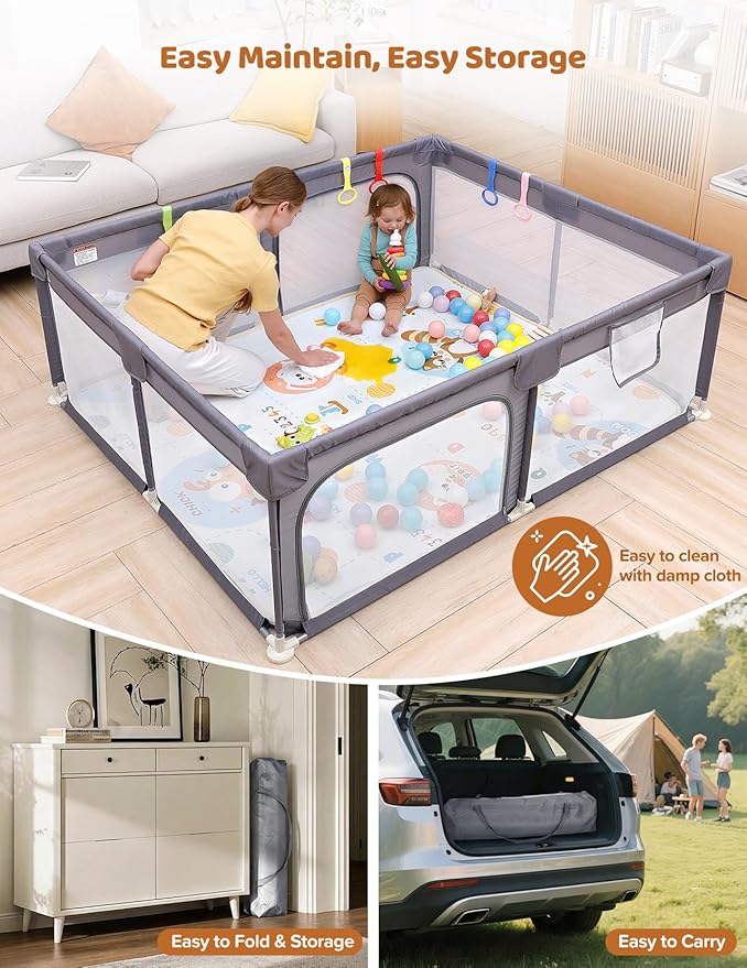 Dripex Baby Playpen with Mat, 71"x59" Play Pen for Toddlers 1-3 Years, Soft Breathable Visible Mesh, Indoor/Outdoor Portable Play Yard with Mat, Safe Baby Fence Play Area, Grey