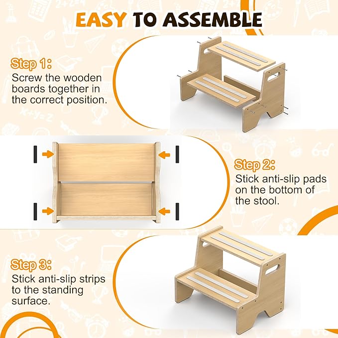 Uiirvdy Step Stool for Toddler, Sturdy Wooden 2-Step Stool with Anti-Slip Surface and Pads for Barthroom, Kitchen, Bedroom, Toilet, and Potty Training - 2 Pack