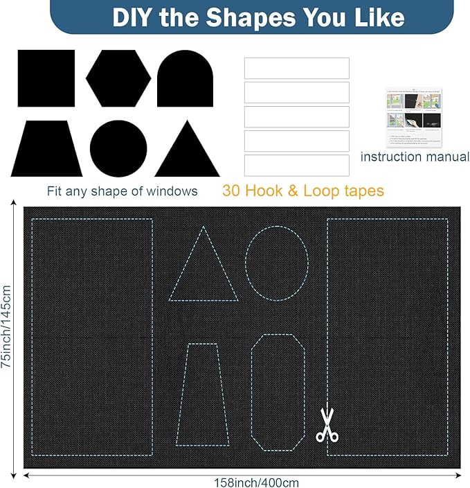 100% Blackout Window Cover,157" x 57" Portable Ttravel Blackout Shades for Window, No Drill Temporary Cuttable Blackout Curtains for Bedroom, RV, Nursery,Media Room,420D Fabric, 30 Loop Tapes