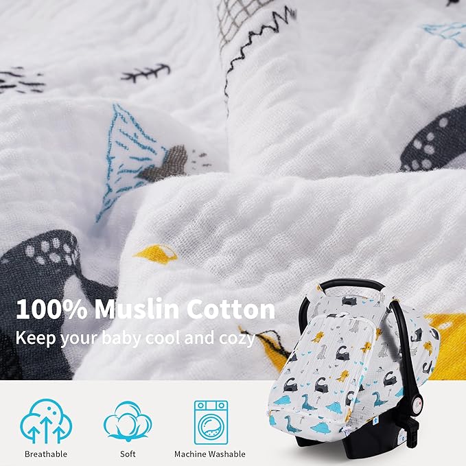Rquite Car Seat Cover Baby, Carseat Covers Girl Boy, Breathable Muslin Cotton, Large Mesh Window, Infant Car Seat Canopy Baby Carrier Cover Stroller Sun Shade for Summer & Hot Day