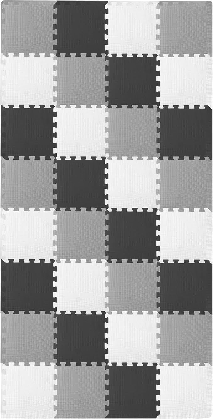 ProSource Baby Play Mat, Soft Foam Floor Tiles for Kids, Interlocking EVA Panels for Playpen Use, Crawling Development Surface, Safe Non-Toxic Toddler Flooring, 32 Tiles, Black/Gray/White