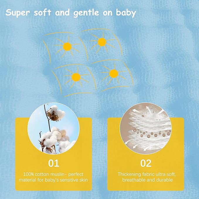 Lovely Care 12 Pack Muslin Burp Cloths 100% Cotton Muslin Cloths Large 20''x10'' Extra Soft and Absorbent Baby Burping Cloth - Aqua