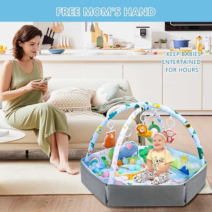 ZFDEBY Baby Gym Play Mat, 8-in-1 Tummy Time Mat & Activity Gym Mat Ball Pit with Detachable Toys, Washable Infant Play Mat for Visual, Hearing, Sensory, Motor Development, Newborn Baby Toys Gift for Toddler 0-3-6-9-12 Months Easy to Install