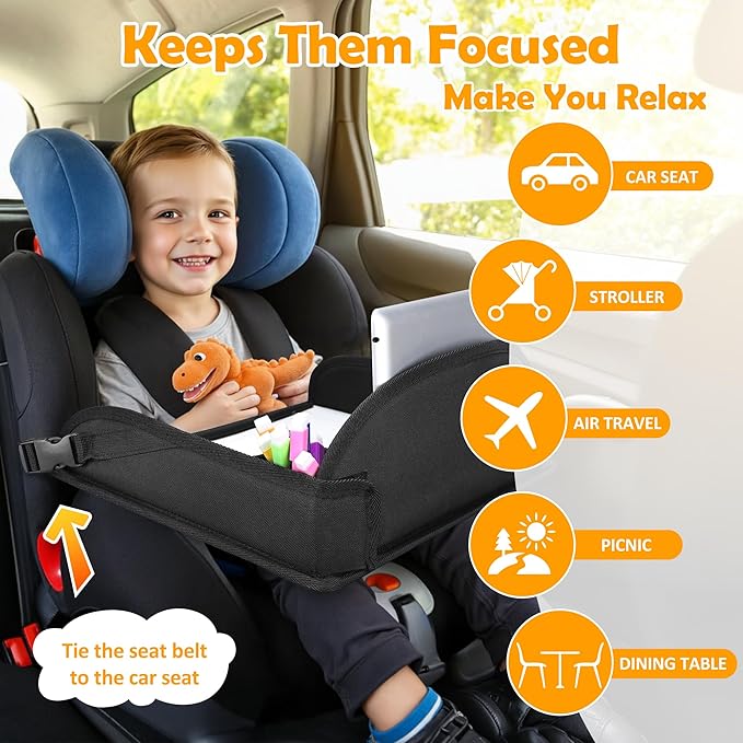 Kids Travel Tray for Toddler Carseat, Road Trip Activities Essentials for Toddler, Kids Lap Desk Tray with Tablet Holder Stand ＆ Dry Erase Board (Black)