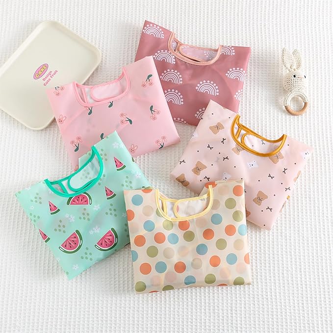 Hafftnun Long Sleeved Bibs,5 PCS Waterproof Wearable Bibs with Sleeves,Baby Feeding Smock 6-30 Months