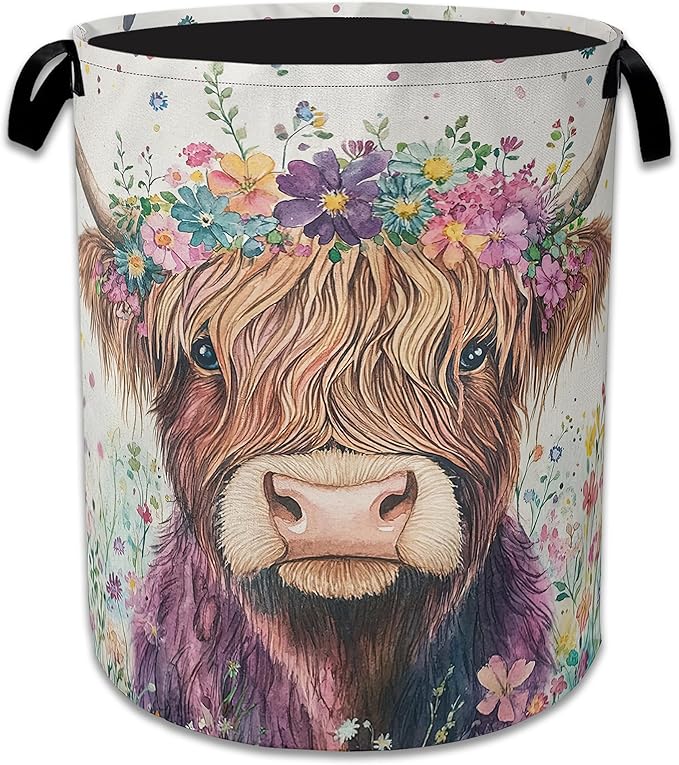 Highland Cow Laundry Basket Collapsible Laundry Hamper Oxford Storage Bin for Clothes Storage, Toy Organizer, Books and Sundries 16" X 20.8"