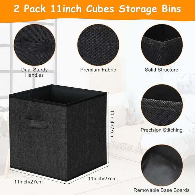 Fiwochic 3 Pack 23" Large Toy Storage Box with 11" Cubes Bins, Collapsible Toy Organizer Chest with Lids for Kids Nursery Playroom Bedroom Living Room Christmas Ornament Storage Box(Black)