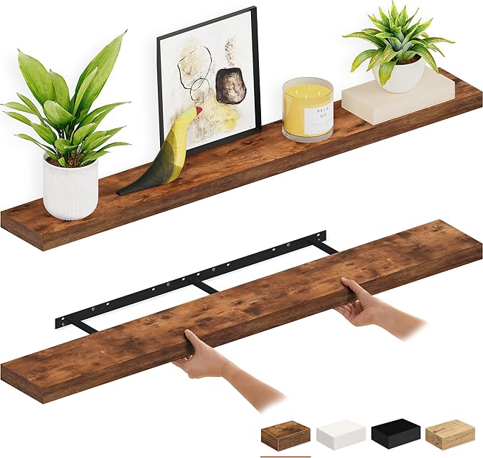Ballucci Floating Shelves, 55" Wood Wall Shelf Set of 2, with Invisible Brackets for Bathroom, Living Room, Bedroom, Kitchen, Nursery, 6" Deep, Rustic Brown