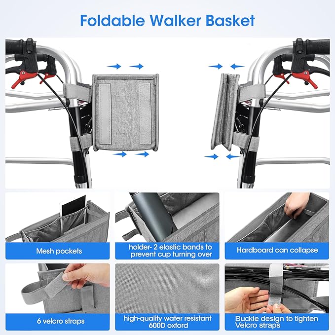 Dotday Upgraded Walker Basket with Cup Holder, Foldable Walker Bag with Large Capacity & Never Tipping Over, Not Fit for Rollator - Grey