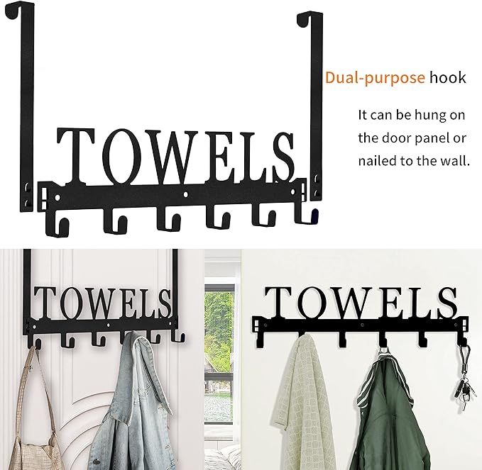 Over The Door Hooks, Towel Holder for Bathroom, Mount Rack Metal Bath Hanger Bedroom Kitchen Pool Beach Bathrobe Wall Hooks (6 Hooks, Black).