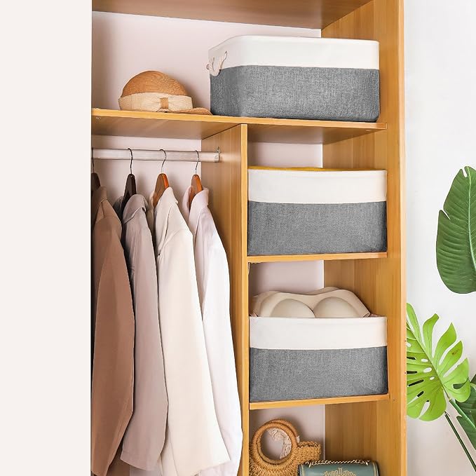 LordCom Storage Bins with Sturdy Cotton Handles(1 Pack), Fabric Storage Baskets for Organizing use for Office & Home, Book, Clothes, Toys, Closet Boxes (Medium, Grey-White, 14.2x10.2x7.1 inches)