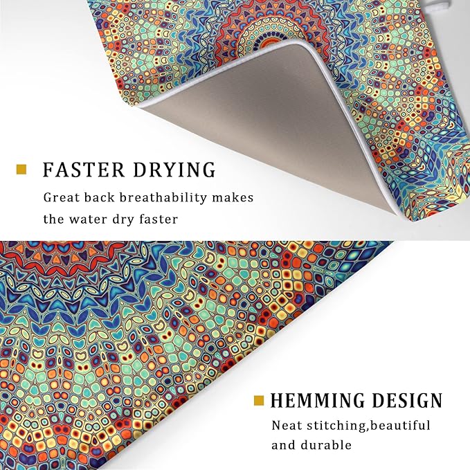 Bohemian Mandala Dish Drying Mat for Kitchen Counter Boho Ethnic Drying Mat 18 x 24 Inch with High Absorbent Reversible Microfiber Dish Drying Pad Dish Rack Pad Drainer Mat for Coffee Bar