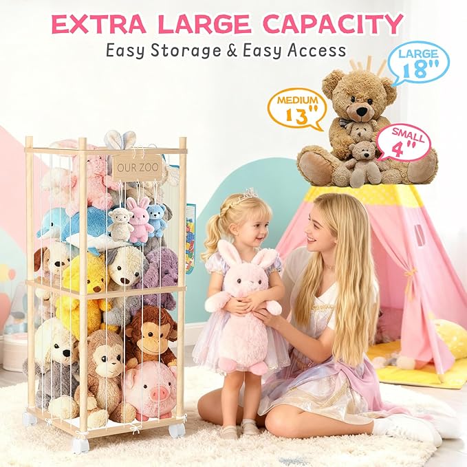 DUOQNY 34-Inch Stuffed Animal Storage Organizer with Bag & Plaque - Large Capacity Wood Toy Cage for Plush Toys, Nursery, Playroom, Kids Bedroom - Toy Storage for Small Objects, Gift for Girls Boys