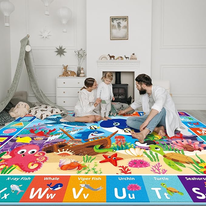 Baby Play Mat for Floor, ABC Kids Play Mat, Sea Animals Kids Rugs for Girls and Boys Playroom, Foldable Rug for Baby Toddler Infants Crawling Playing (Blue, 78.7X59 INCH)
