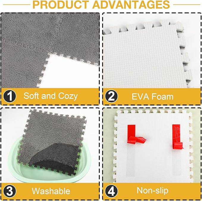 36 Pcs Plush Interlocking Carpet Tiles, Non-Toxic Shaggy Foam Carpet Tiles for Toddler Baby, Anti-Slip, EVA Foam Interlocking Tiles for Floor, Nursery, Playroom, Grey