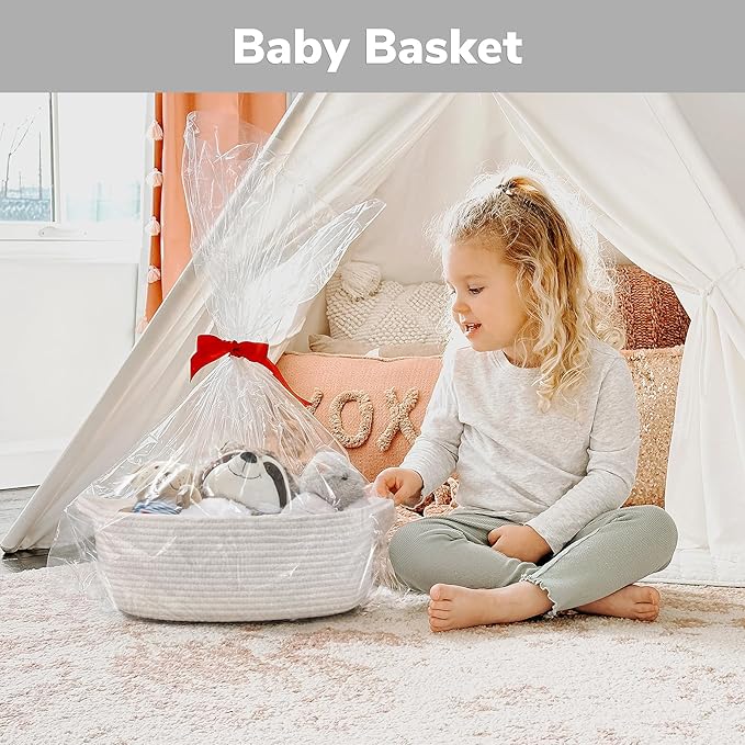 CHICVITA Storage Basket for Gifts, Small Gift Baskets Empty for Baby Showers, Decorative Cotton Rope Basket with Handles, Baby Toy Baskets for Shelves, 13 x 9.8 x 5 inches, White