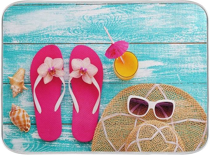 Summer Flip Flops Dish Drying Mat 16x18 in for Kitchen Counter Decor, Absorbent Blue Wooden Board Dry Pad Seashells Baby Bottle Dryer Rack Drainer Mats for Countertop Sink
