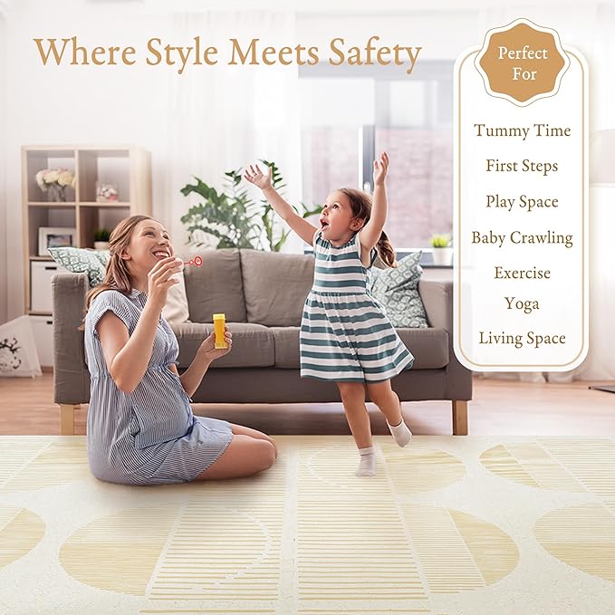 PopsyKosy Premium Baby Floor Play Mat - Extra Thick & Cushioned 1 inch Playroom Foam Mat, Non-Toxic Odorless - 6 Tiles - Spacious 6x4 ft. - Stylish & Large, Waterproof for Kids & Toddlers - Ecru Linen