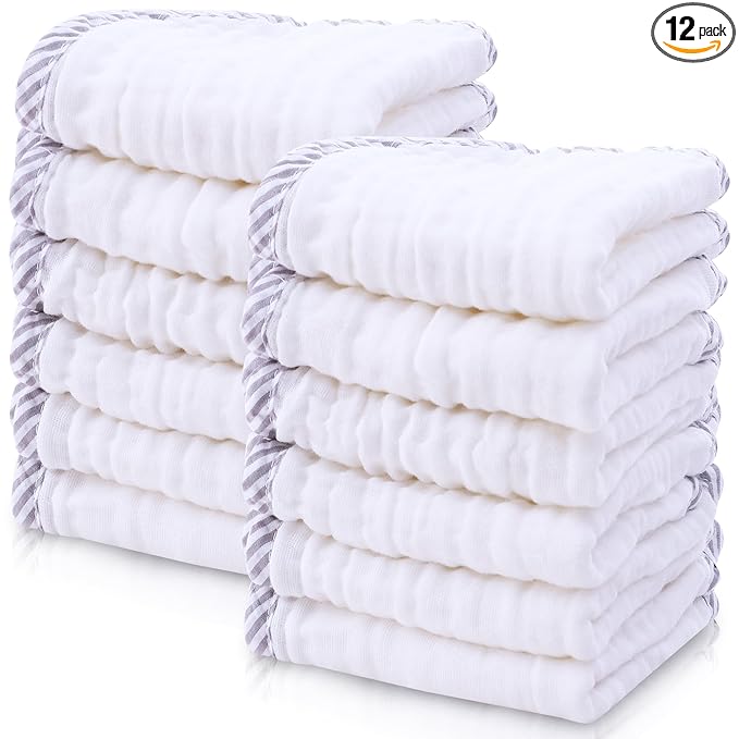 Cute Castle 12 Pack Muslin Baby Washcloths - Large 12'' by 12'' - Ultra Soft 100% Cotton - Super Absorbent Burp Cloths for Unisex, Boy, Girl -Stripe