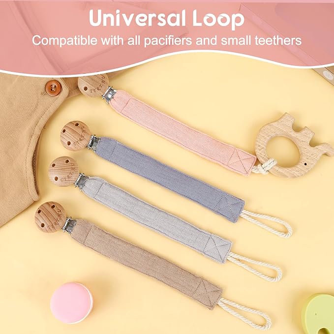 TYRY.HU Ribbon Pacifier Clip Holder,4 Pack Binky Paci Holder Clips, Pacifier Leash for Boys and Girls,Fabric Pacifier Strap Universal Fits for Most Pacifier, Styles & Teethers(Khaki,Grey,Blue,Pink)