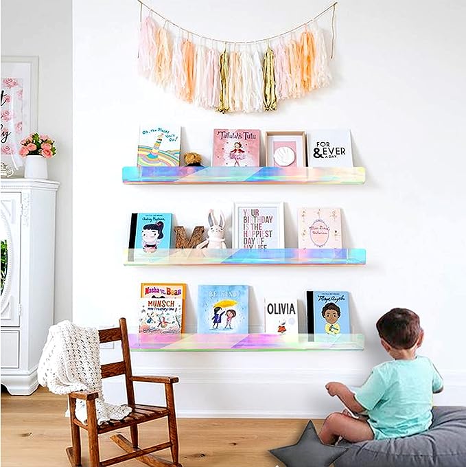 RORKIM 24 inches Iridescent Acrylic Bookshelf for Kids, Wall Mounted Kids Display Book Shelves for Room Nursery Toddler Classroom (2 Packs)