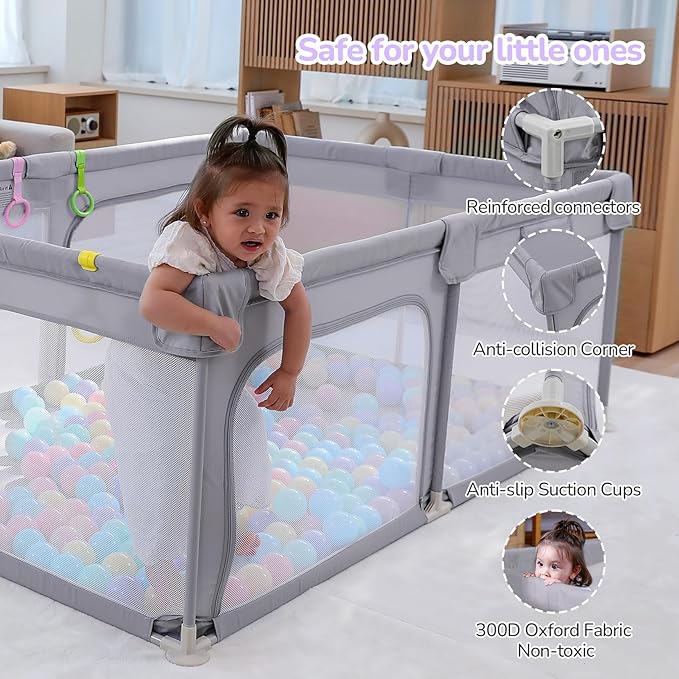 Dripex Large Baby Playpen 71×47 Inch, Big Play Pens for Babies and Toddlers- Indoor & Outdoor Kids Safe Play Area, Soft Breathable Visible Mesh, Anti-Fall & Anti-Slip Design Baby Fence, Grey