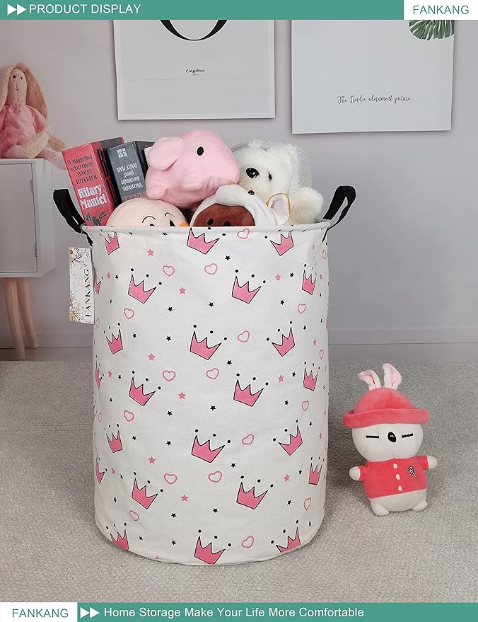 FANKANG Storage Basket, Nursery Hamper Canvas Laundry Basket Foldable with Waterproof PE Coating Large Storage Baskets for Kids Boys and Girls, Office, Bedroom, Clothes,Toys（pink crowns）
