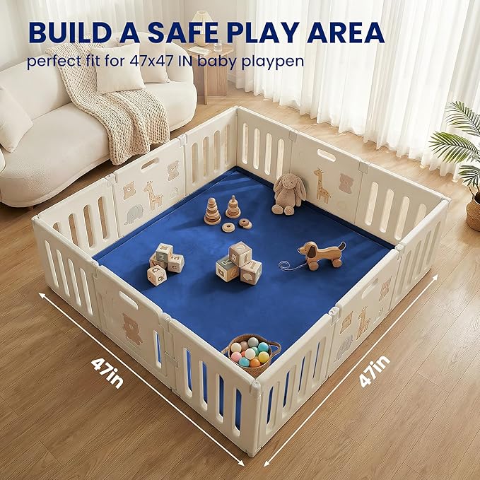 Huloo Sleep Ultra Soft Baby Play Mat for Floor,1.3" Thick Elasti-Foam 47x47 Play Mat for Playpen,Water-Repellent Coral Velvet for Tummy Time, Non-Slip Backing Safe for Toddlers & Infants（Dark Blue）
