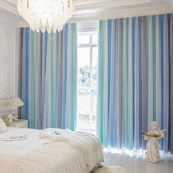 XiDi Blue Green Grey Blackout Curtains 63 Inches Long for Living Room Bedroom 2 Panels Double Layer Curtains Rainbow Kids Grommet Window Drapes for Nursery Princess Unicorn Wall Decals 34 Inches Wide