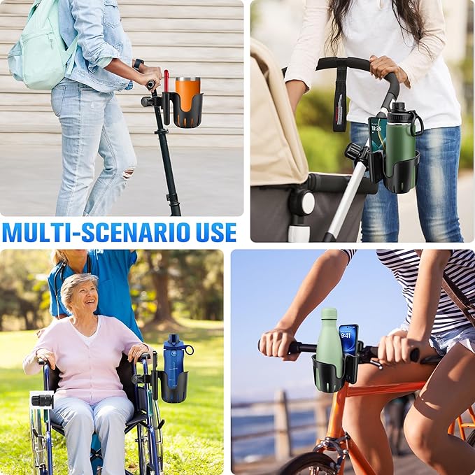Stroller Cup Holder with Phone Holder, 2-in-1 Universal Cup Holder for Walker, Wheelchair, Bike, Scooter, Fits Most Cup, Black