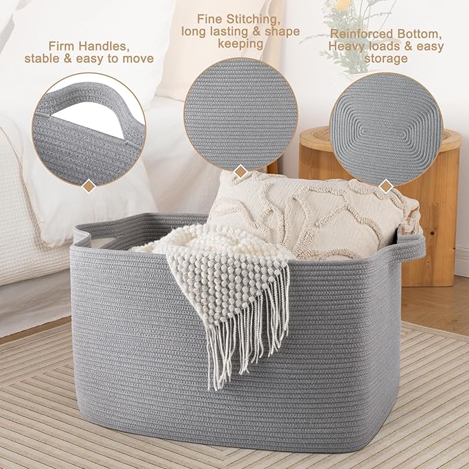 SIXDOVE 95L Large Storage Basket, Cotton Rope Woven Blanket Basket, Nursery Storage for Baby Room, Living Room, 24" x 16.9" x 14.2", Light Grey