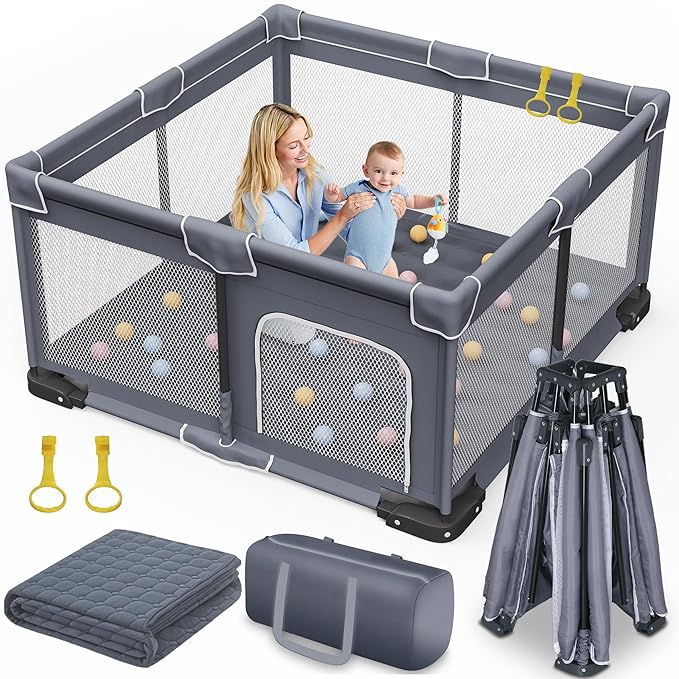 Jixrolyn Foldable Baby Playpen with Mat, 50"x50" Folding Playpen for Babies and Toddlers, Sturdy Safety Play Yard with Gate, Portable Kid's Play Pen with Bag