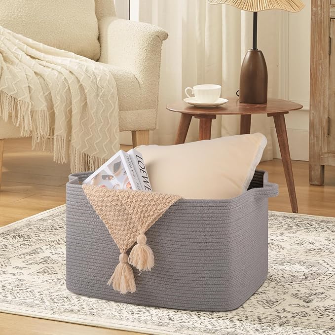 OIASKET Large Blanket Basket, Blanket Storage Living Room, Rectangle Woven Baskets for Storage Toys, Towels, Dirty Clothes Organizer Bins (Light Grey)