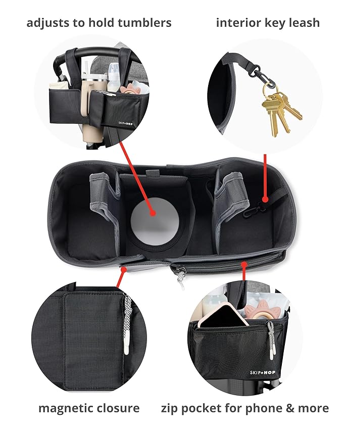 Skip Hop Ultimate Stroller Organizer Universal Fit with Adjustable Straps, Magnetic Flaps and Convertible Design That fits 40 oz. Tumblers, Black
