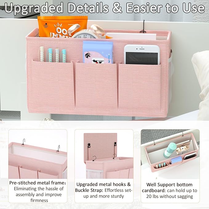 Edudif Dual-purpose Bedside Caddy Bedside Organizer, Bed Caddy with 6 Pockets, Versatile Bedside Storage Solution Magazine Remotes holder, ideal for Home, Dorm, Hospital, Crib Bed (Pink 2pcs)