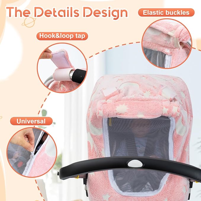 Baby Car Seat Cover, Infant Car Seat Cover Glow in The Dark, Cozy & Warm Carseat Canopy for Girls Boys, Baby Carrier Cover with Zipper Peep Windows for Baby Registry Essentials