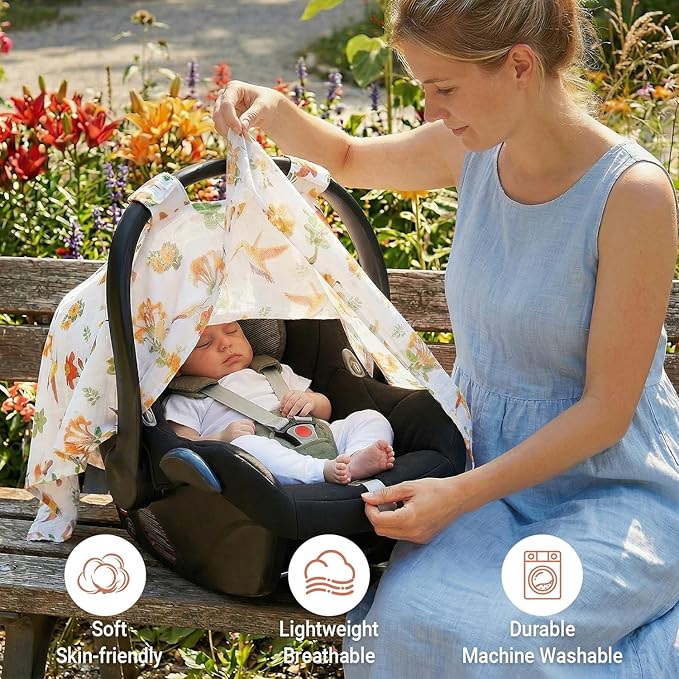Metplus Car Seat Cover Baby, 100% Muslin Cotton Infant Carseat Covers for Boys and Girls, Lightweight Breathable Canopy, Summer Stroller Sun Shade, Newborn Travel Essentials(Hummingbird)