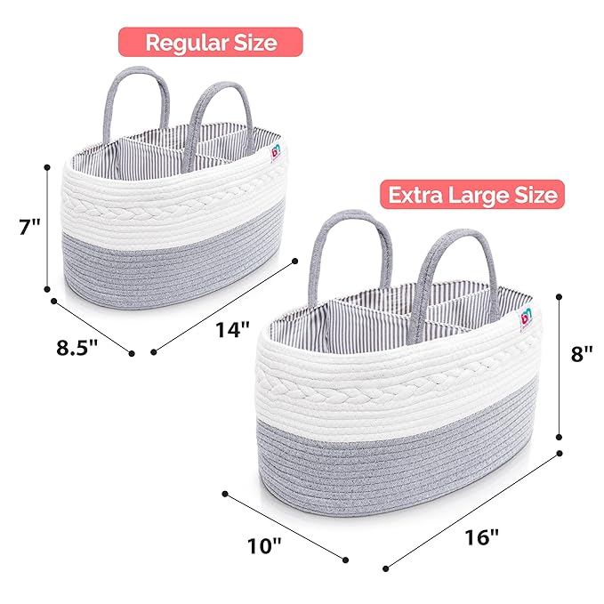 Babynma Rope Diaper Caddy - Storage for Baby and Toddler Items - Portable Cotton Organizer Easily Holds Diapers, Wipes, Clothing - Useful for Nursery, Bedroom (Gray, Regular)