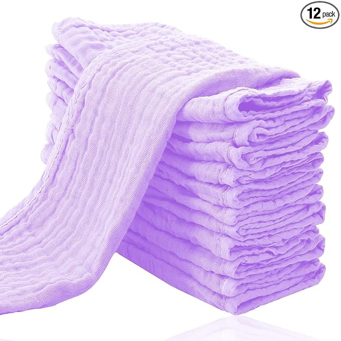 Cute Castle 12 Pack Muslin Burp Cloths for Baby - Ultra-Soft 100% Cotton Baby Washcloths - Large 20'' by 10'' Super Absorbent Milk Spit Up Rags - Burpy Cloths for Unisex, Boy, Girl - Purple