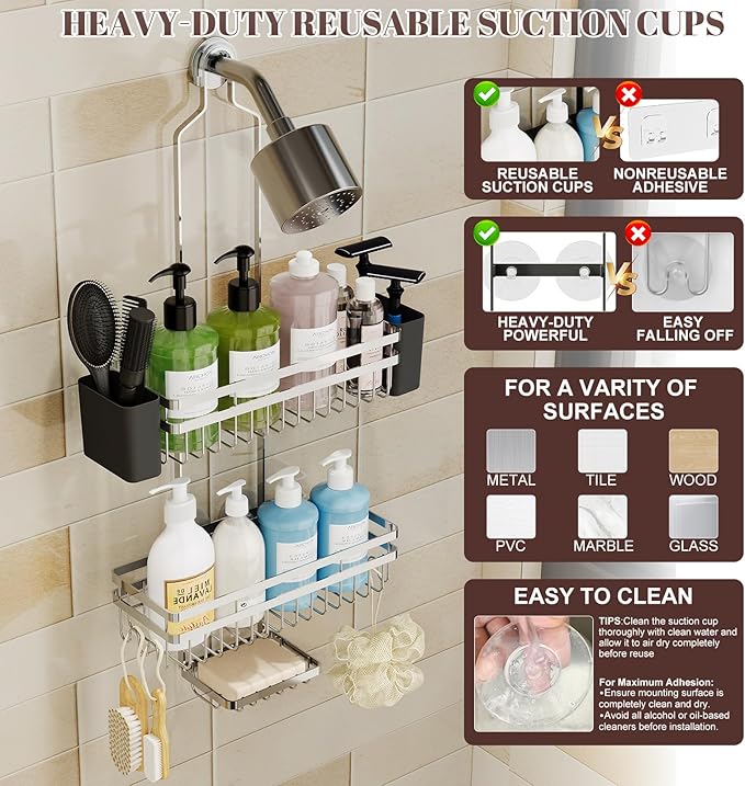 Shower Caddy Hanging for Bathroom Organizers and Storage, 3 Tier Adjustable Anti-Swing Shower Organizer Hanging with Heavy-Duty Suction Cups, Damage-Free Rustproof (Chrome)