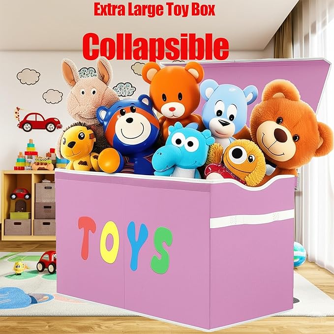 YOLOXO Toy Box Chest, Collapsible Sturdy Storage Bins with Lids, Extra Large Kids Toy Storage Organizer Boxes Bins Baskets for Kids, Boys, Girls, Nursery Room, Playroom, Closet (Classical Pink)