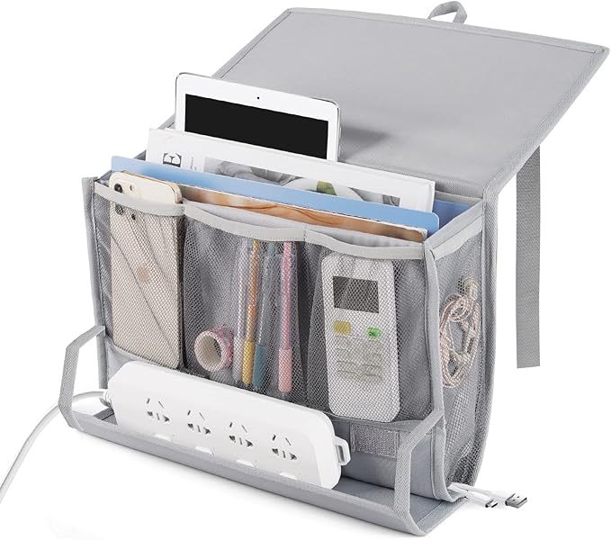Retyion Bedside Storage Organizer with Power Strip Holder and Adjustable Straps Bed Hanging Bag for Home Bunk Bed Dorm Sofa (Light Gray)