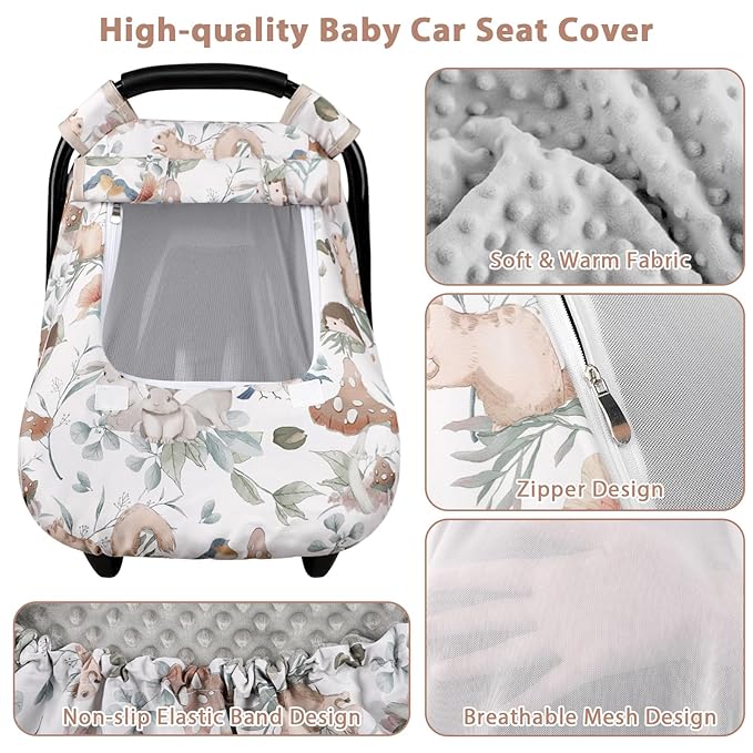Car Seat Cover Baby Girl Boy, Warm Winter Carseat Cover for Baby, Kick-Proof Infant Car Seat Cover with Peep Window, Windproof & Cozy, Gray Animals