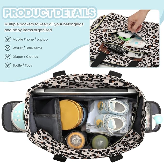 Pritent Diaper Bag Tote for Working Mom, Large Travel Diaper Tote for Mom and Dad with 14 Inch Laptop Sleeve, Mommy Maternity Travel Baby Bag for Boys and Girls, Leopard