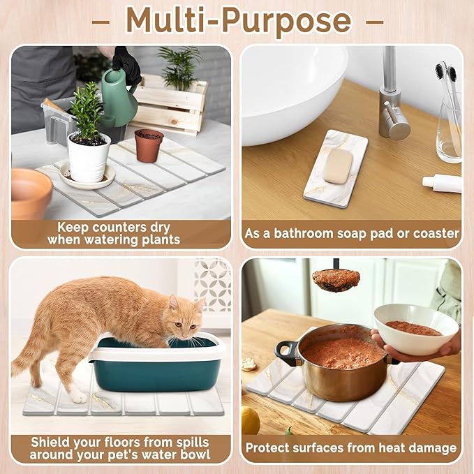 Small Stone Dish Drying Mat for Kitchen Counter, 2 PCS 16"×12" & 8"x4" Quick Dry Stone Mats, Foldable Water Absorbing Diatomaceous Earth Drying Dish Pad for Countertop Bottles Utensils Cup(Gold White)