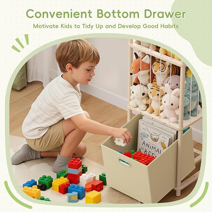 Stuffed Animal Storage Organizer - Large Wooden Toy Organizer with Drawer for Nursery, Bedroom, Kidroom, Natural Pine Material, Space-Saving