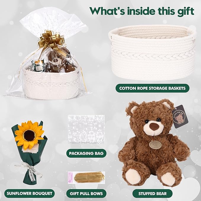 Sea Team Woven Cotton Rope Gift Basket with Gift Bags & Ribbons, Optional Stuffed Bear & Sunflower, Baby Shower Present, Pet Gift or Nursery Storage Bin, 13.4 x 9.1 x 7.1 Inches, White