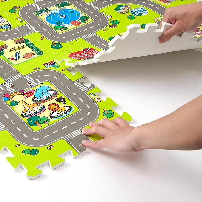 PLAY 10 Baby Play Mats for Floor, Foam Play Mat, Interlocking Foam Tiles City Road Track Puzzle Mat 9 Pieces