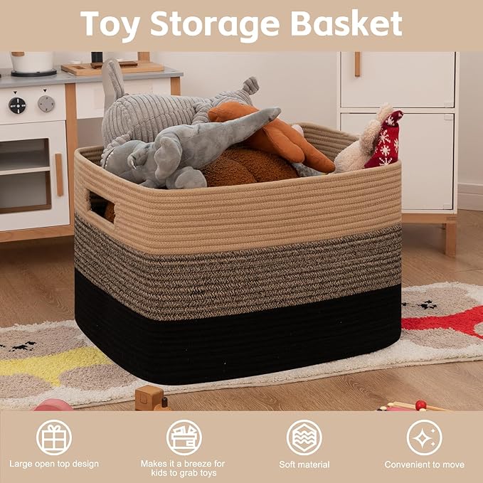 OIAHOMY 118L Extra Large Blanket Basket, Rectangle Woven Cotton Rope Storage Basket,Used for storing Dirty Clothes, Stuffed Animal Toy Storage for Living Room,Kids Room,25" x 17" x 16", Brown Black