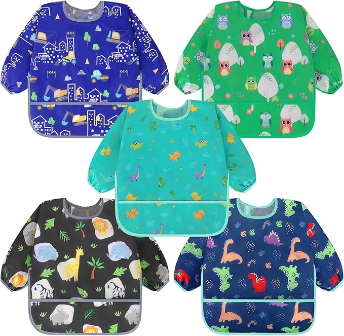 Accmor 5 Pack Long Sleeve Bibs, Baby Smock Waterproof Sleeved Bib Smock for Baby Toddler 6-36 Months